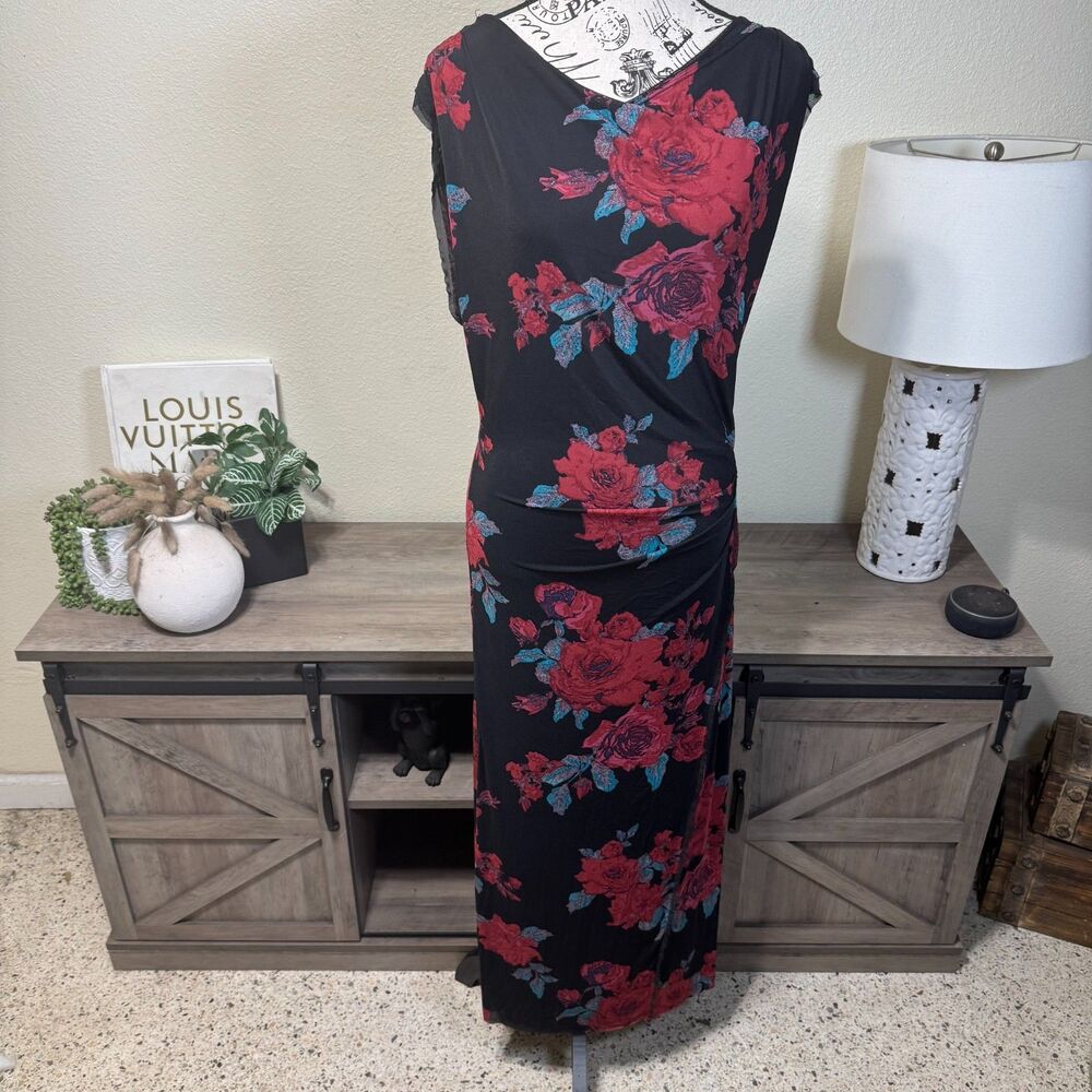Free People Carmel Dark Floral Mesh Bodycon Midi Dress Sz L Romantic Whimsy - Picture 2 of 10